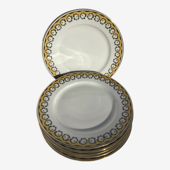 6 assiettes dessert porcelaine Limoges fleurs stylisées fond jaune Raynaud
