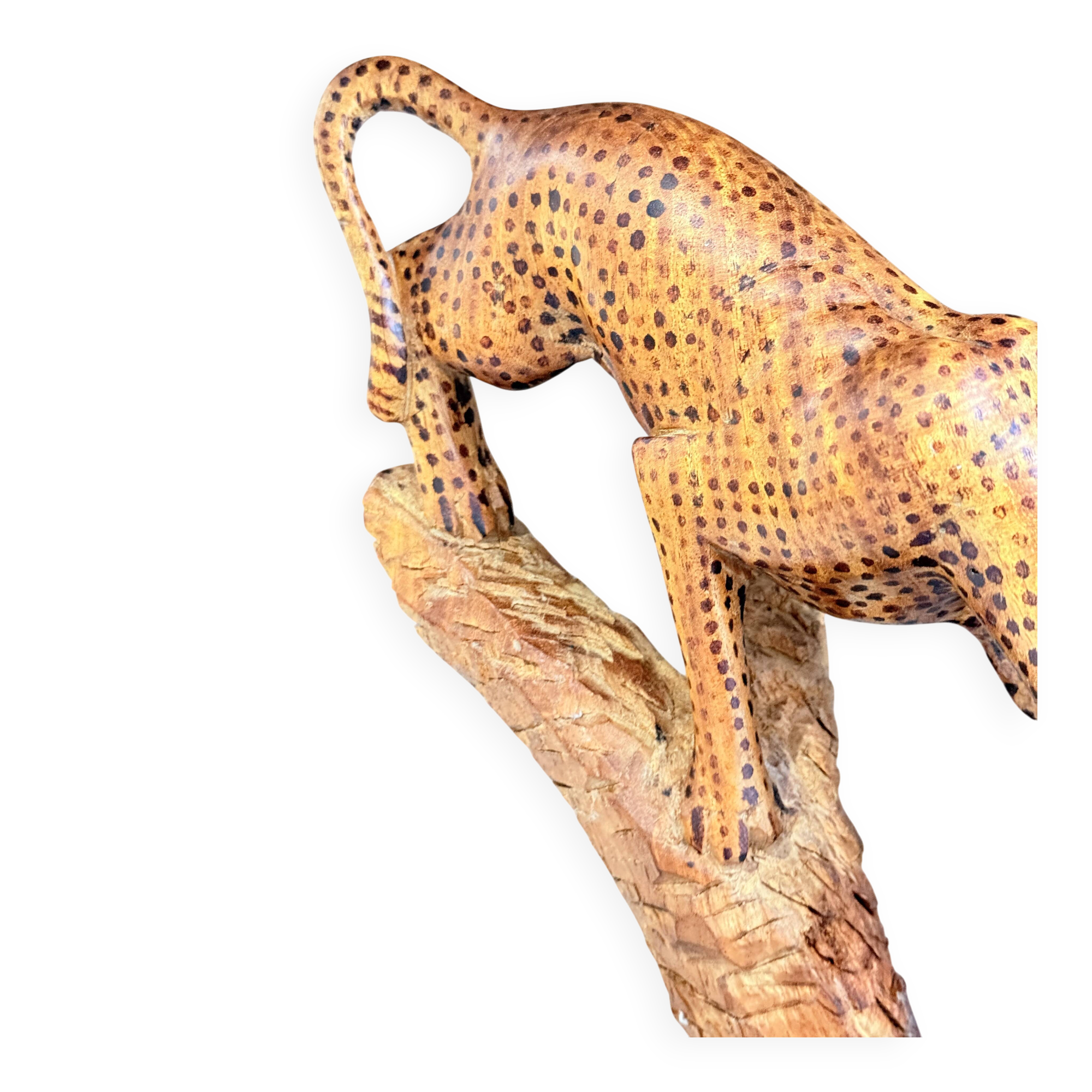 Sculpture de léopard africain sculptée à la main sur tronc d'arbre, figure d'art populaire tribal