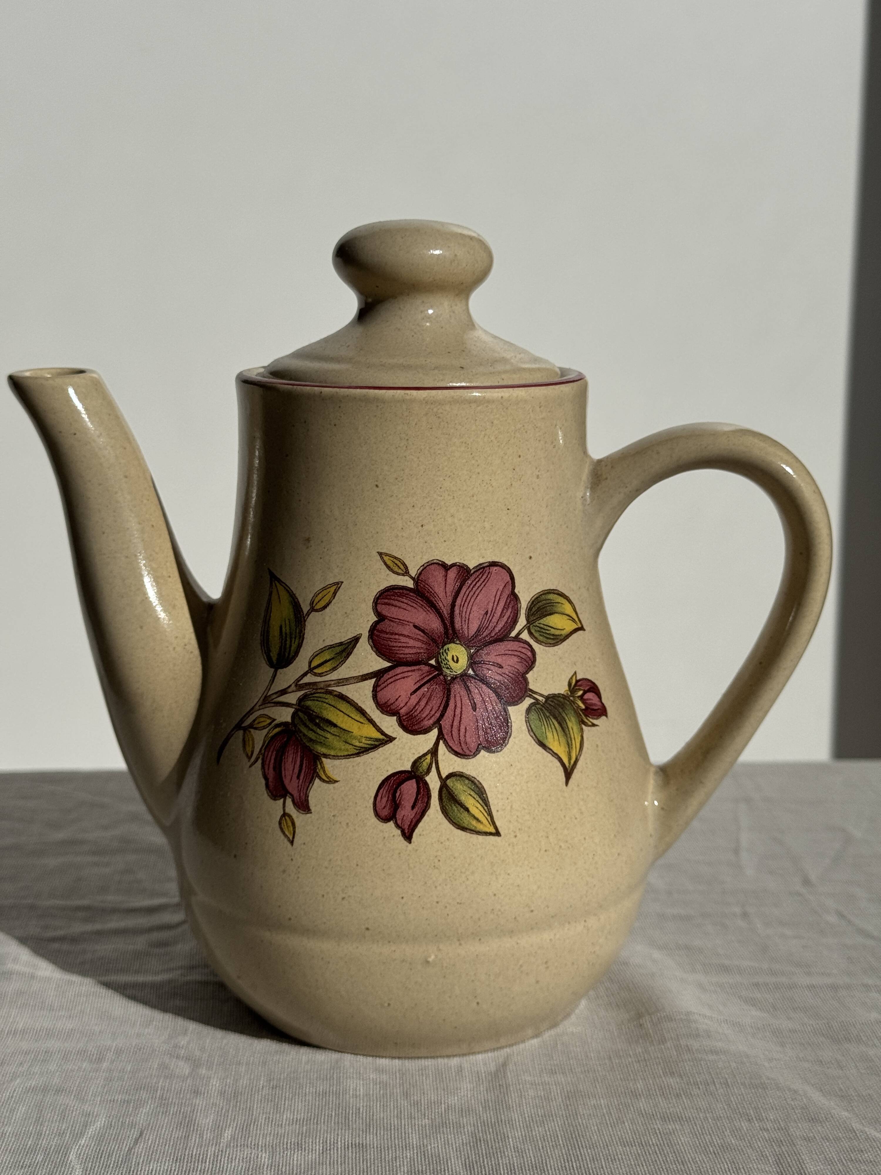 Vintage beige stoneware teapot with pink flower pattern H22