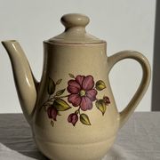 Théière en grès beige vintage à motif de fleurs roses H22