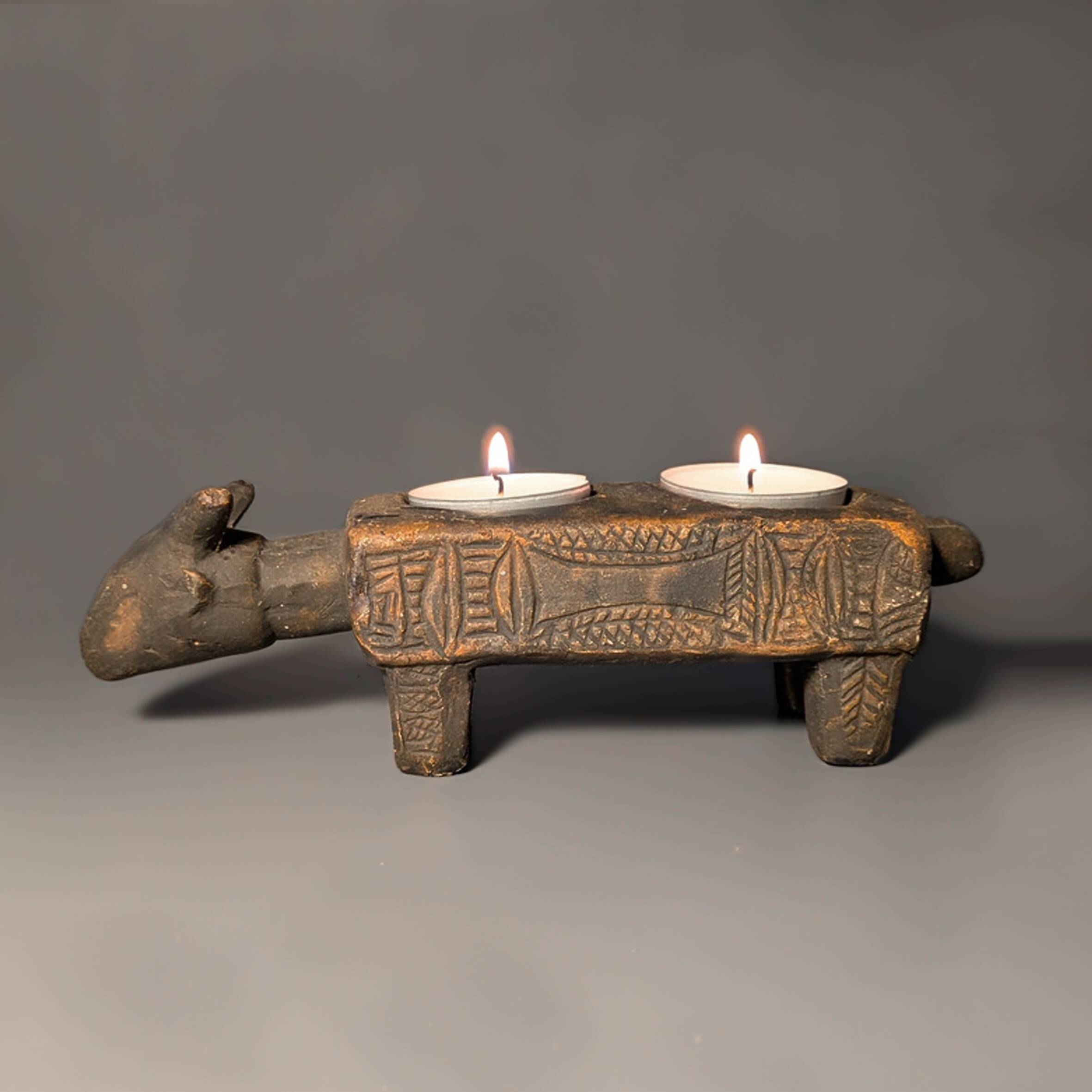 Antique African terracotta candle holder L20cm