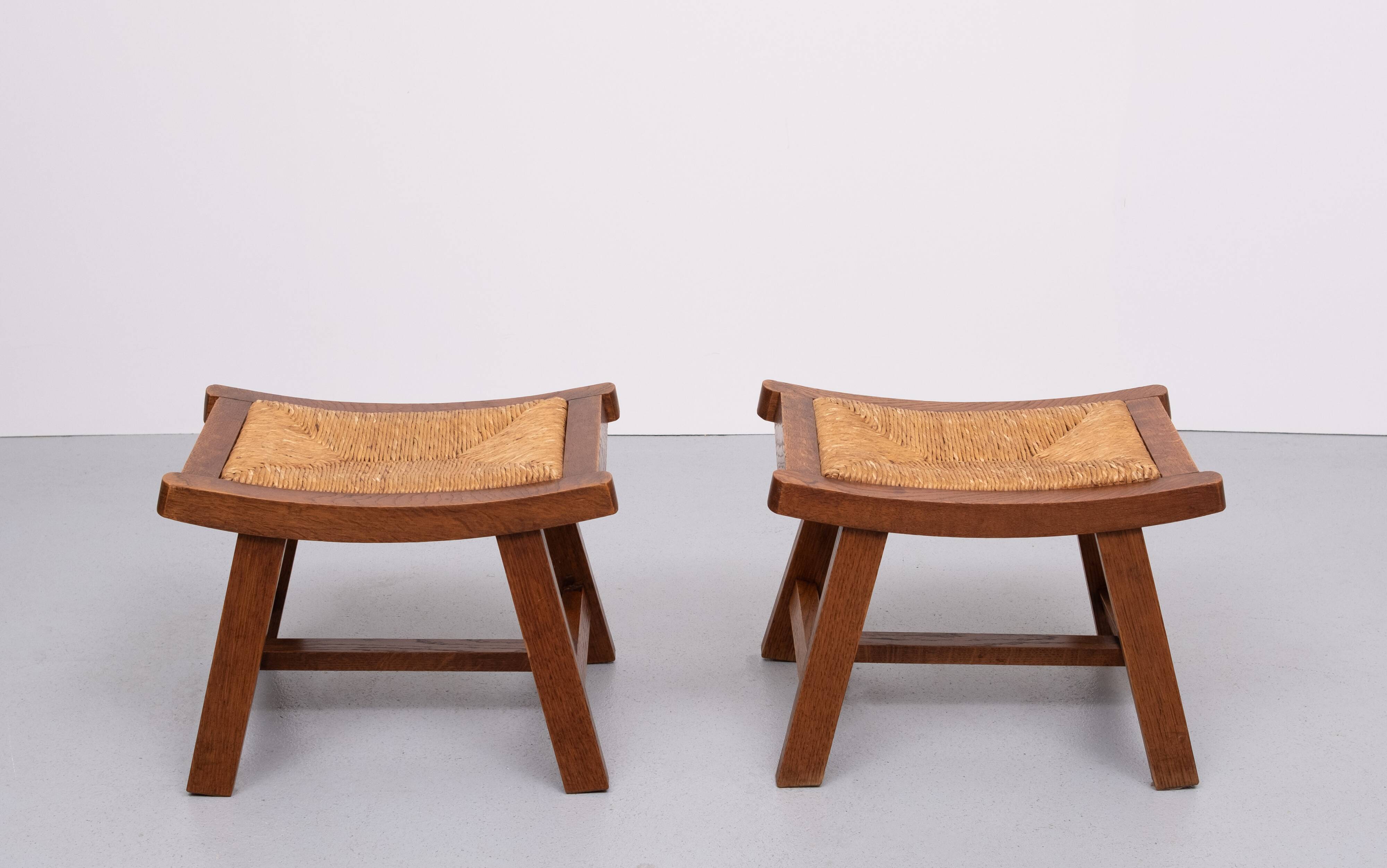Brutalist curved solid Oak Ottomans 1950s France
