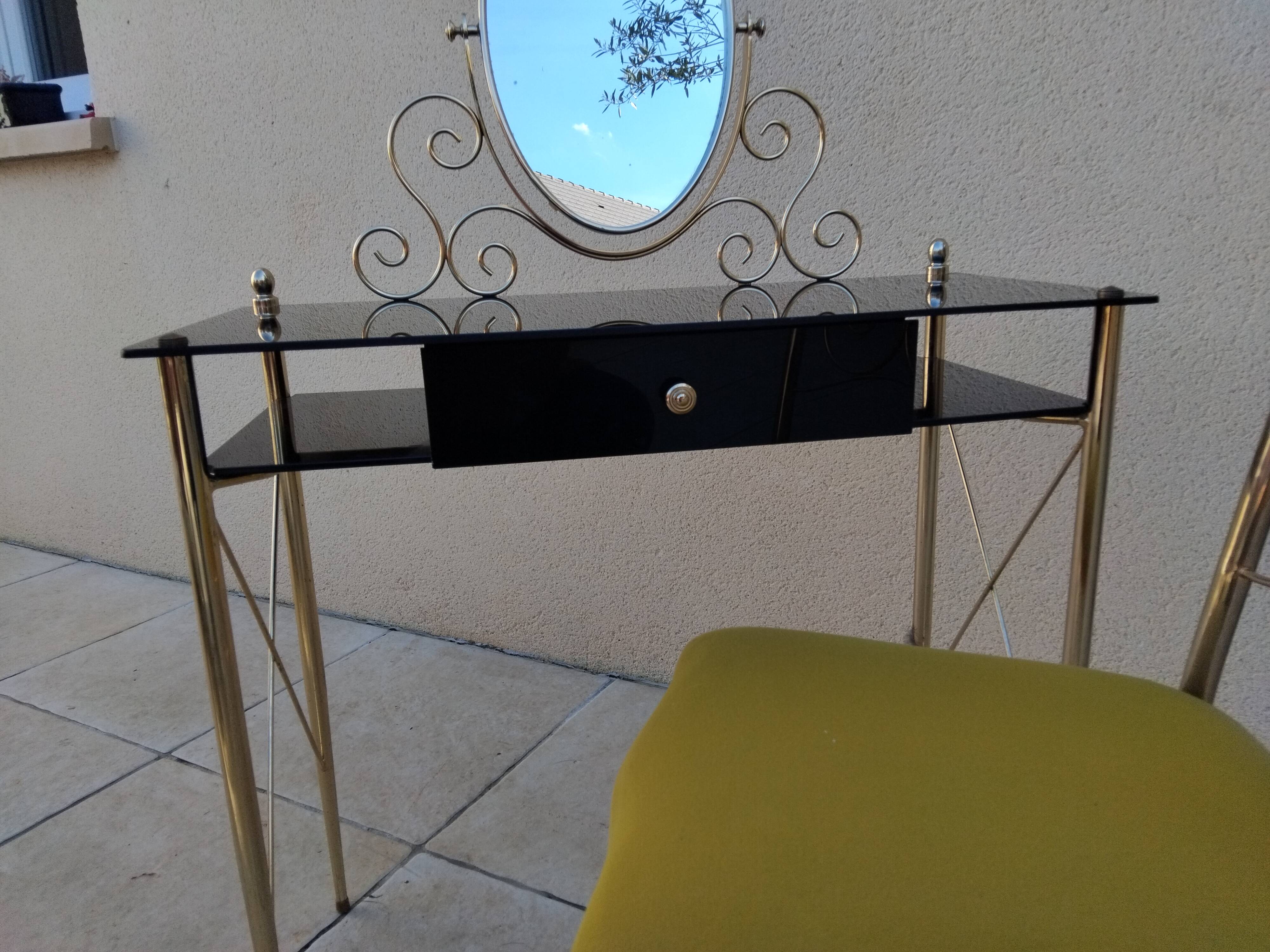 Coiffeuse et chaise vintage verre et métal dorée