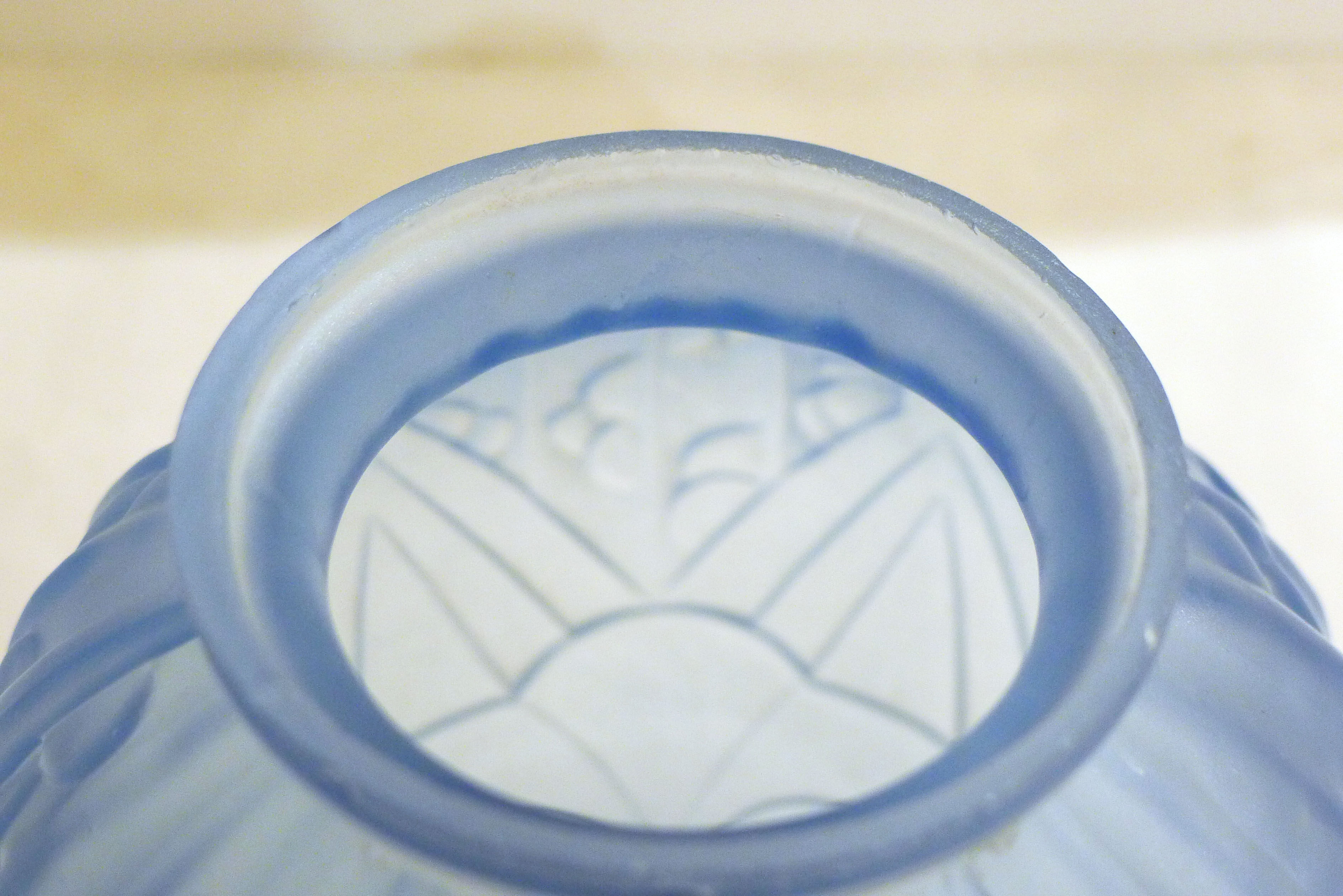 Art Deco ball vase, frosted blue glass