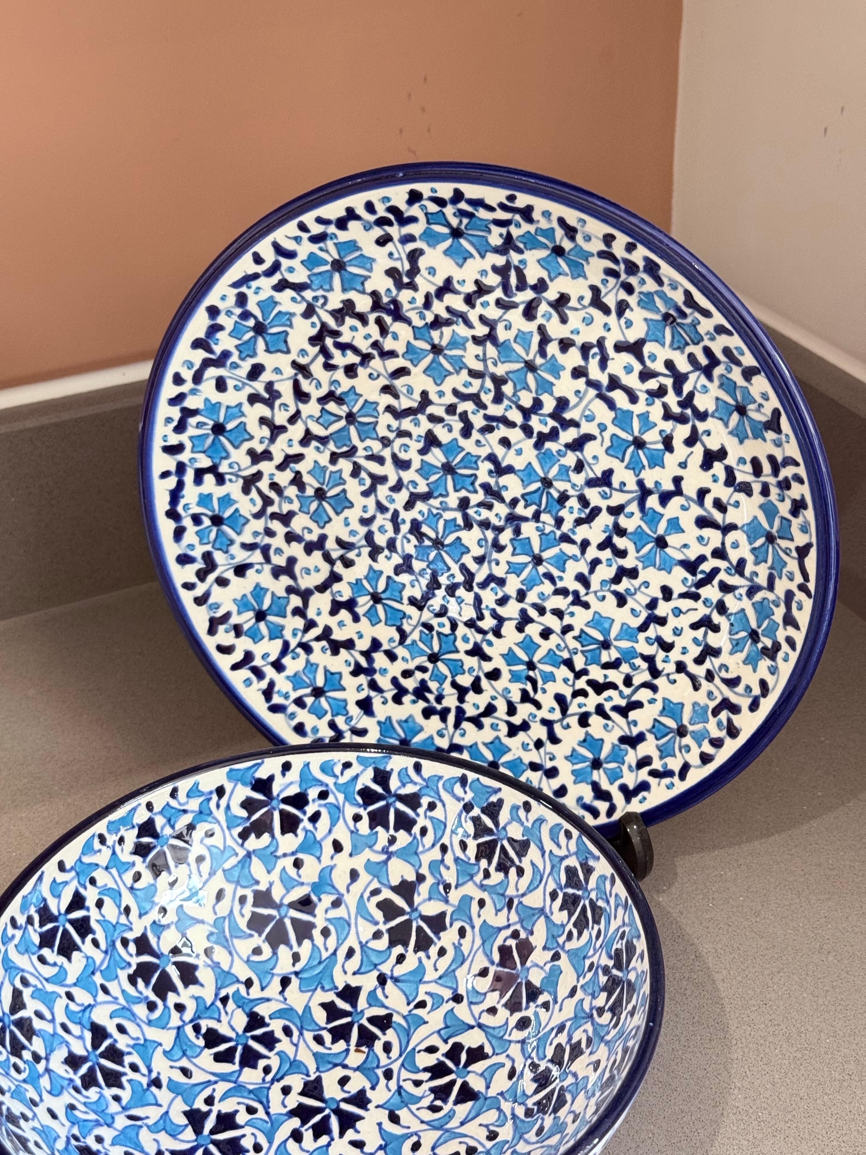 Handcrafted Turkish Ceramic Bowl and Plate Set, Blue Floral Iznik Plate