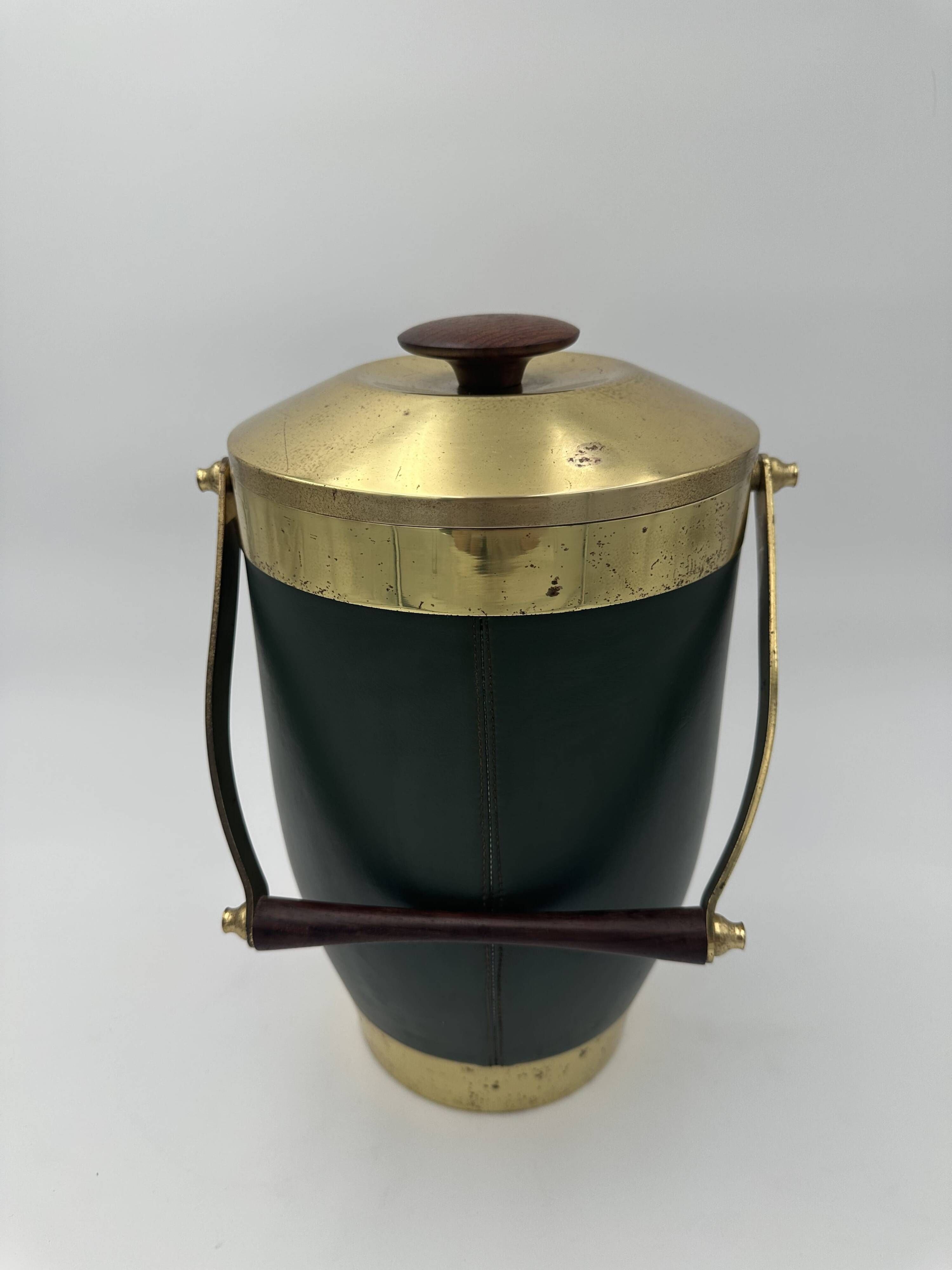 Green Leather and Brass Curved Handle Ice Bucket. Italian Work. V