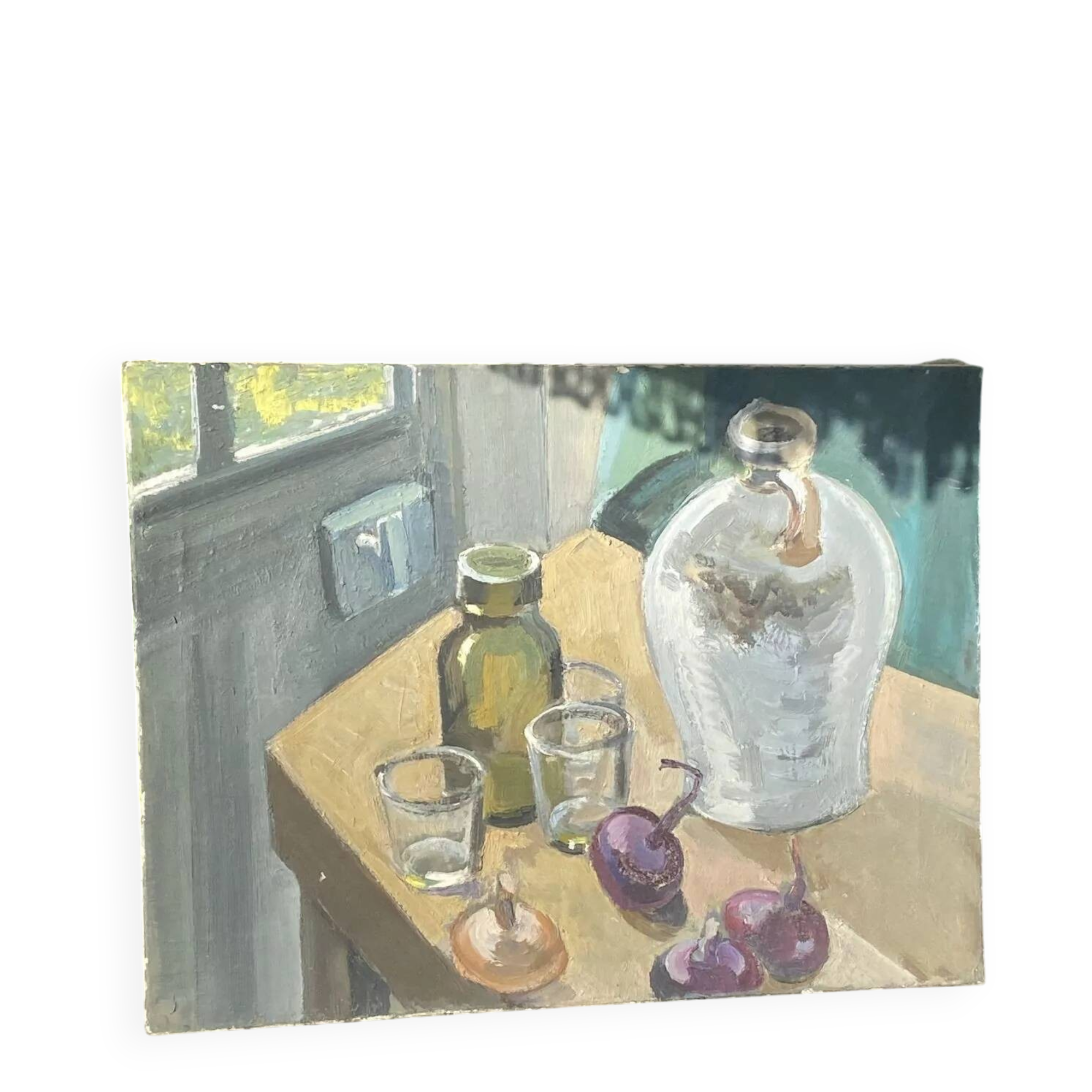 Still life painting with glasses, oil on canvas – 1950s – 61 x 46 cm