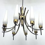 Mid-Century 8 lights brass and opaline glass chandelier. Italy 1950s
