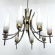 Mid-Century 8 lights brass and opaline glass chandelier. Italy 1950s