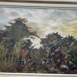 Painting, oil on canvas signed, forest landscape with horsemen