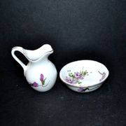 Miniature porcelain pitcher and toilet basin with violet flower decoration - Dinette Dollhouse
