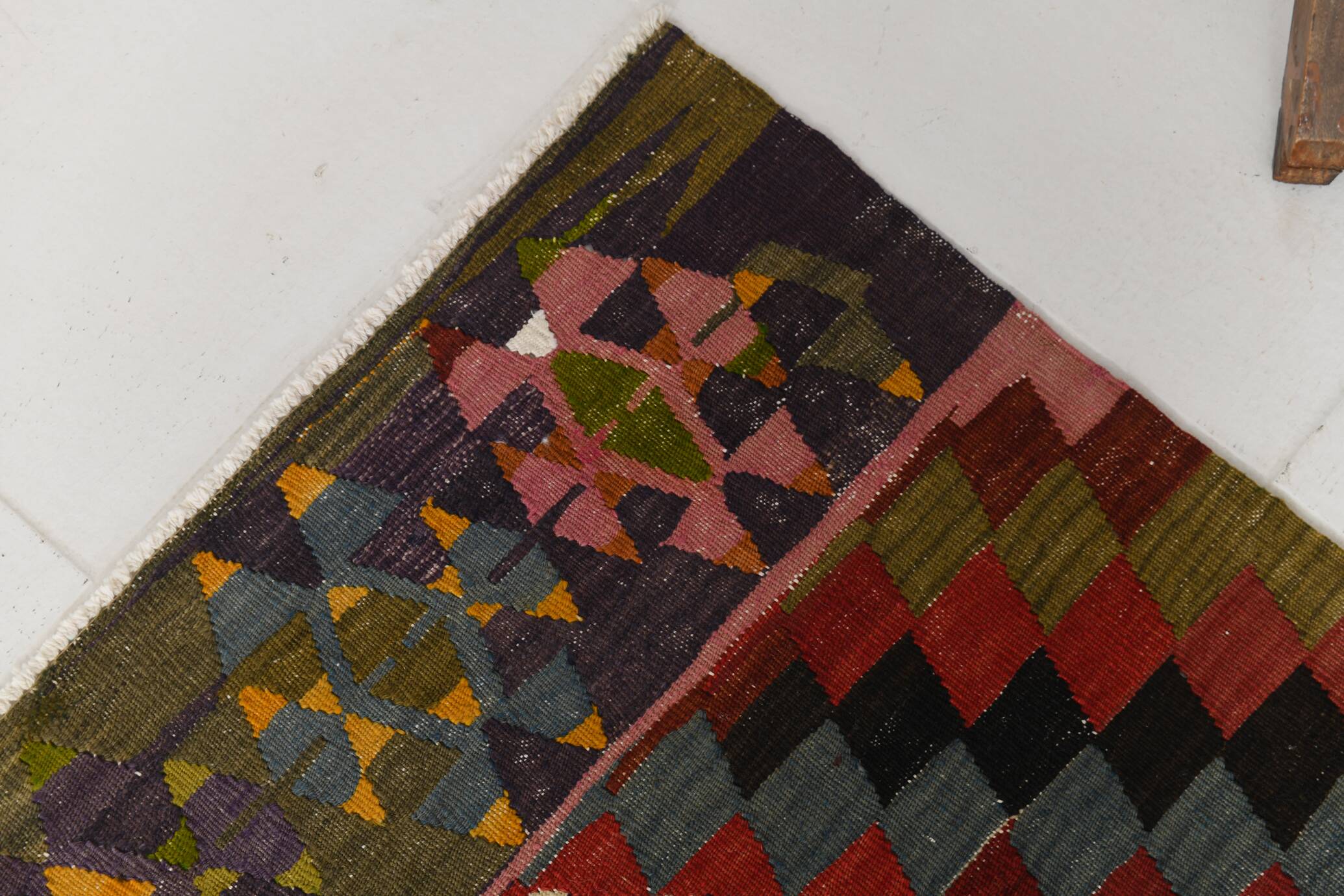 Geometric Pattern Burgundy  Turkish Vintage Kilim Rug, 188x338 Cm