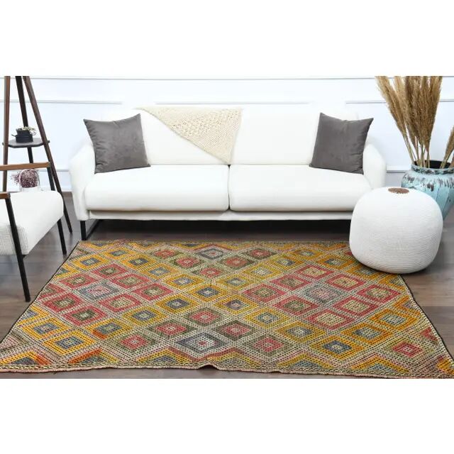 1970s Vintage Turkish Oushak Handmade Wool Cotton Yellow Runner Rug 158x201