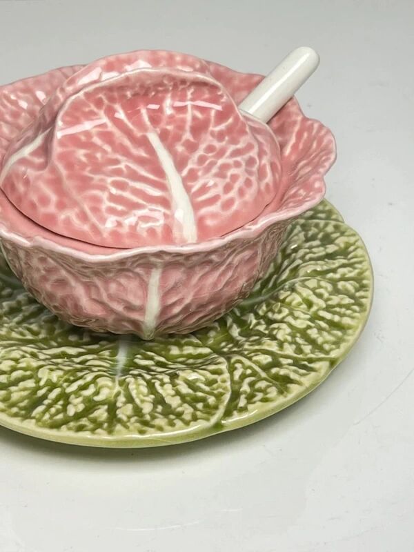 Caldas da Rainha Gravy Boat – Green and Pink Portuguese Earthenware – Handmade – Vintage
