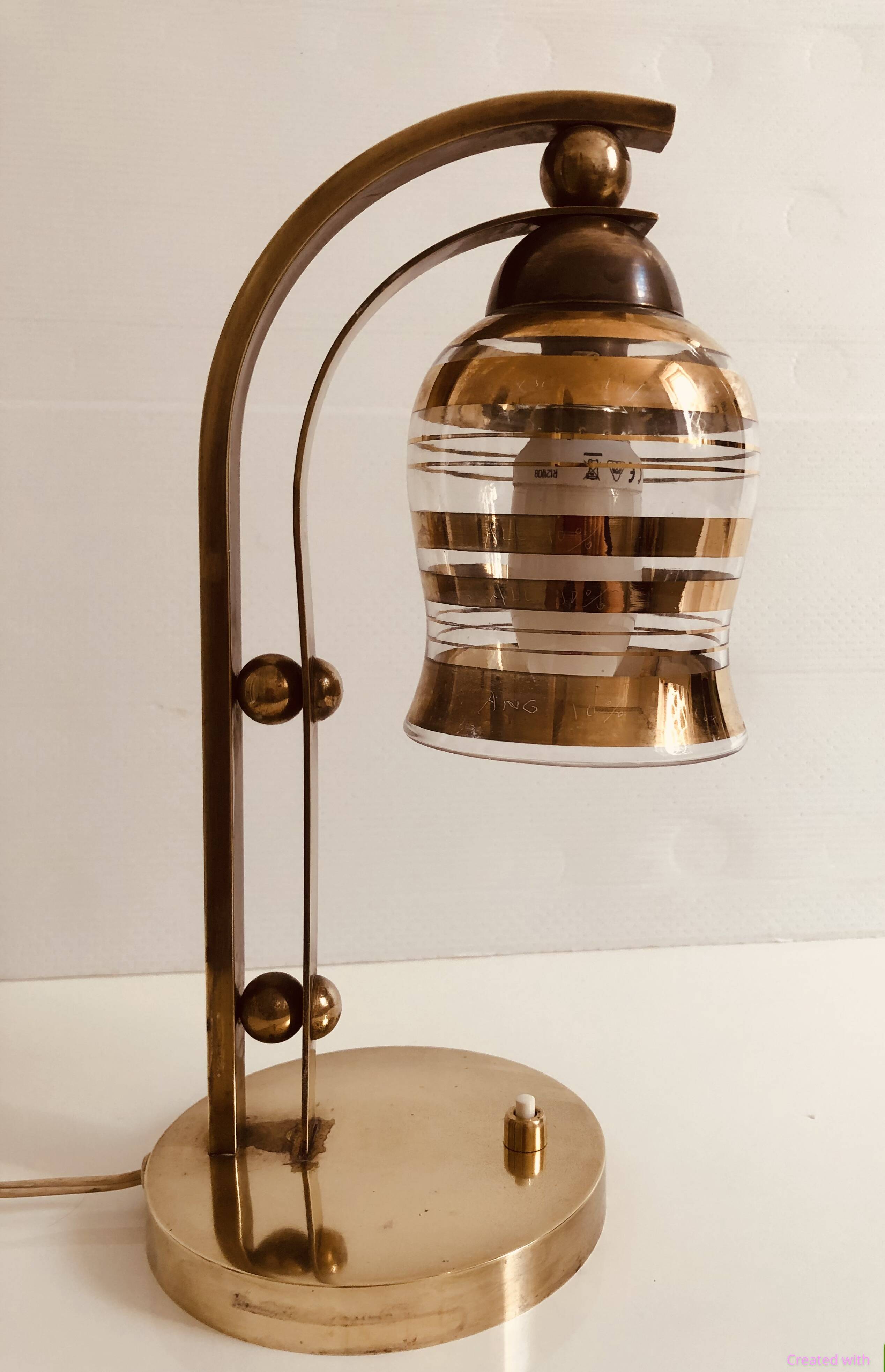 Table lamp style bauhaus years 40-50 brass with golden glass tulip