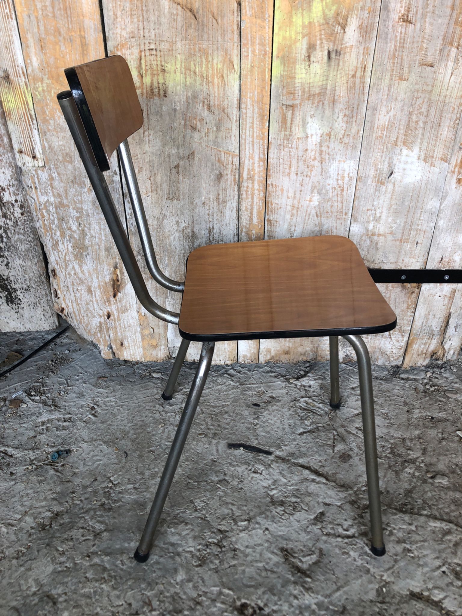 Series of 4 Formica Chairs Wood Legs Metal Chrome Vintage #A243