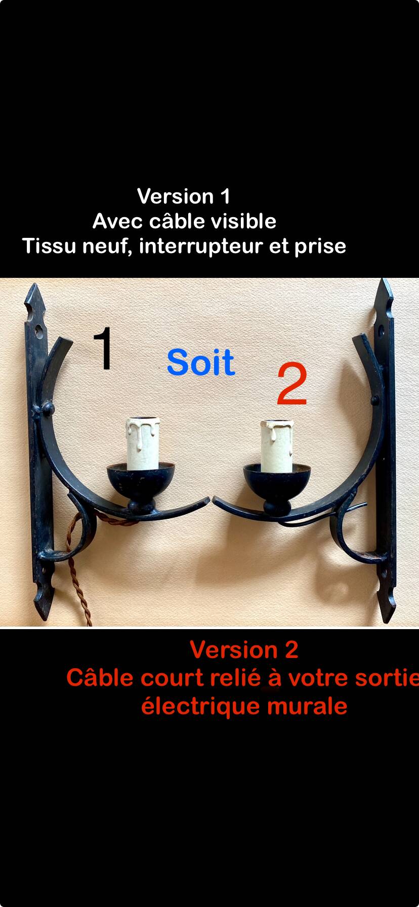 Wrought iron wall light, new fabric cabie, mirror lampshade