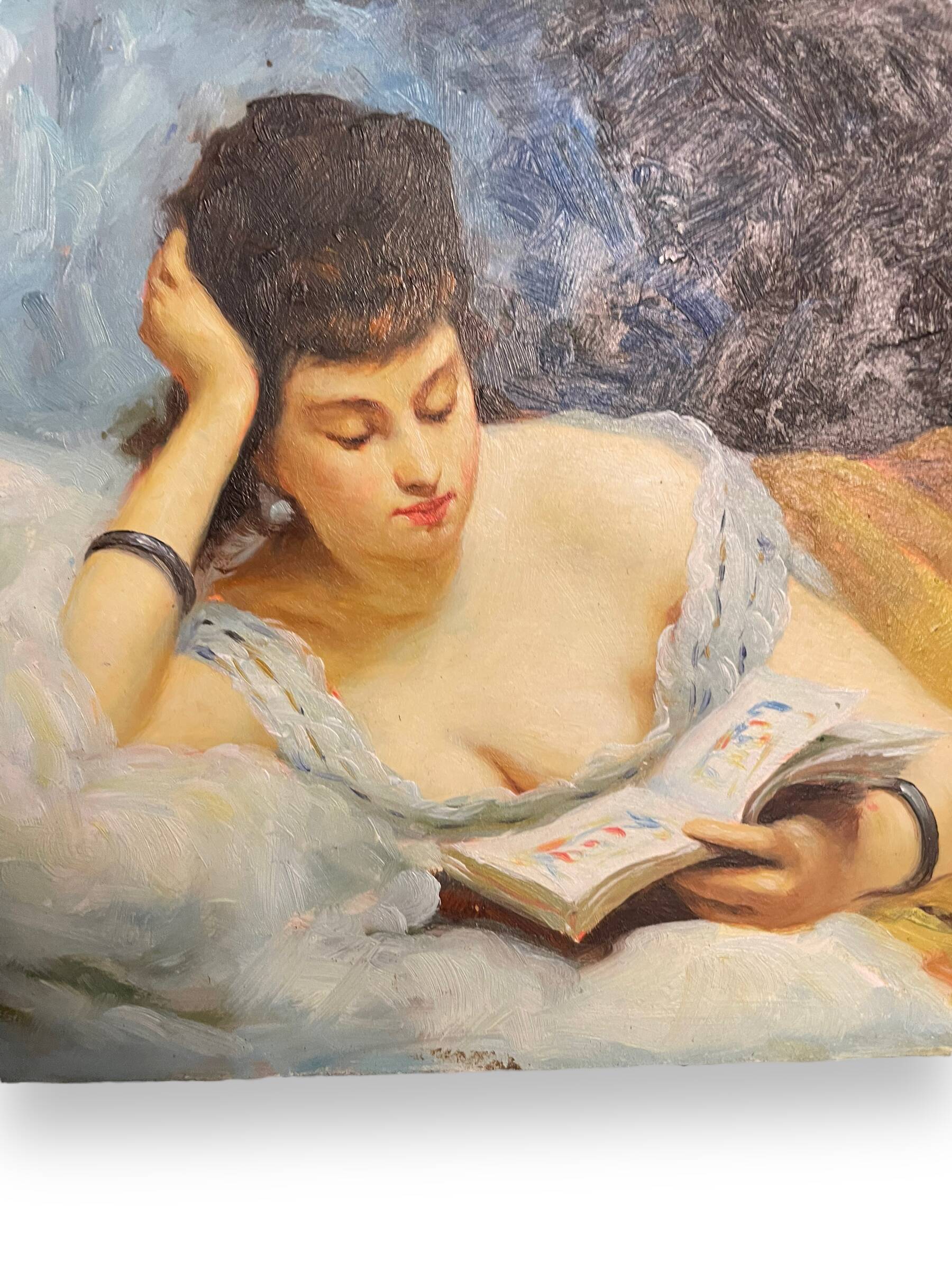 Young woman lying reading oil on panel