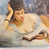 Young woman lying reading oil on panel