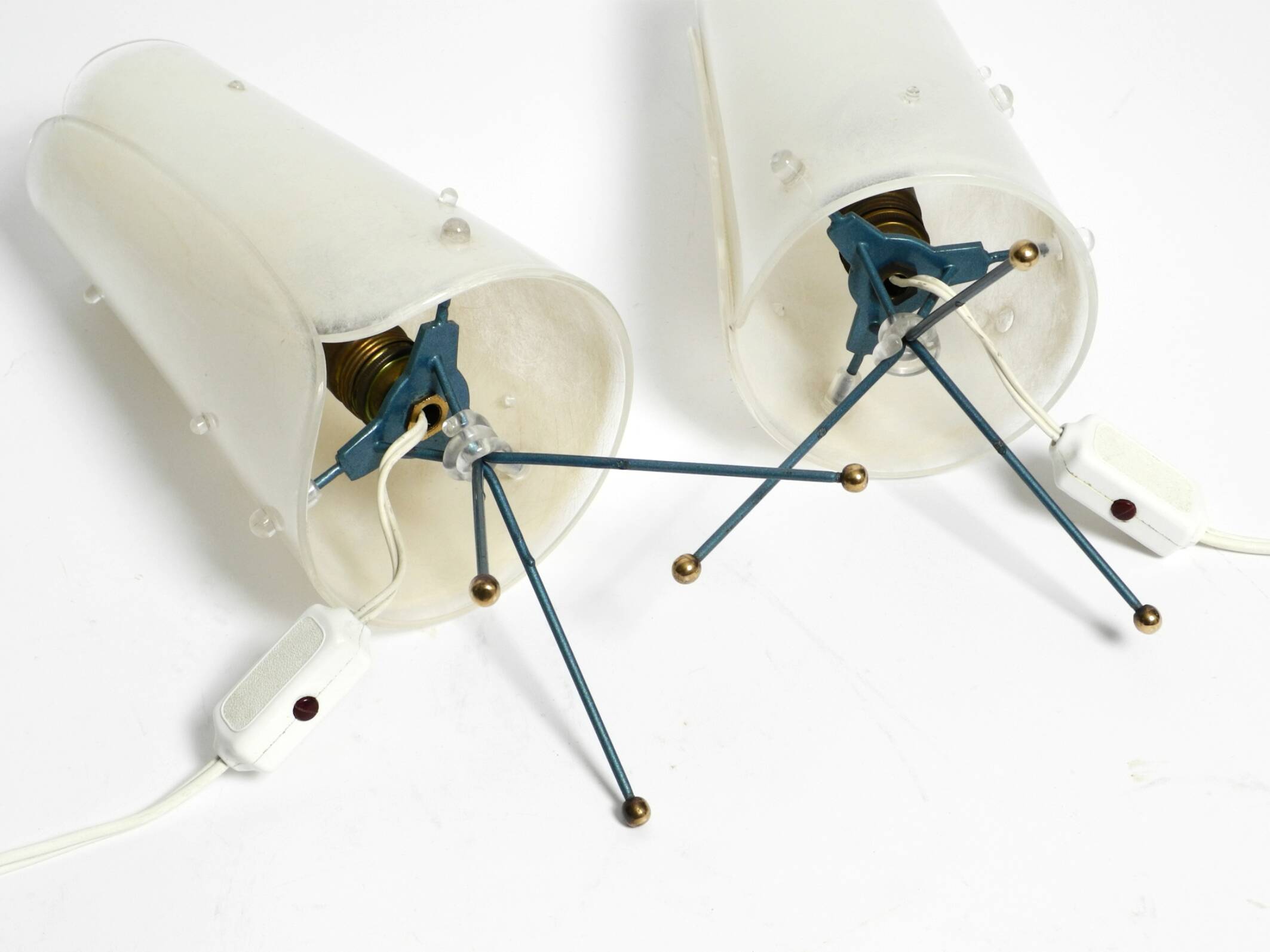 Two very Mid Century Modern tripod table lamps with white plexiglas shades
