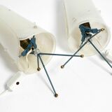 Two very Mid Century Modern tripod table lamps with white plexiglas shades