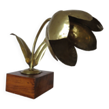 "Flower" lamp in gilded brass and wooden base 1970