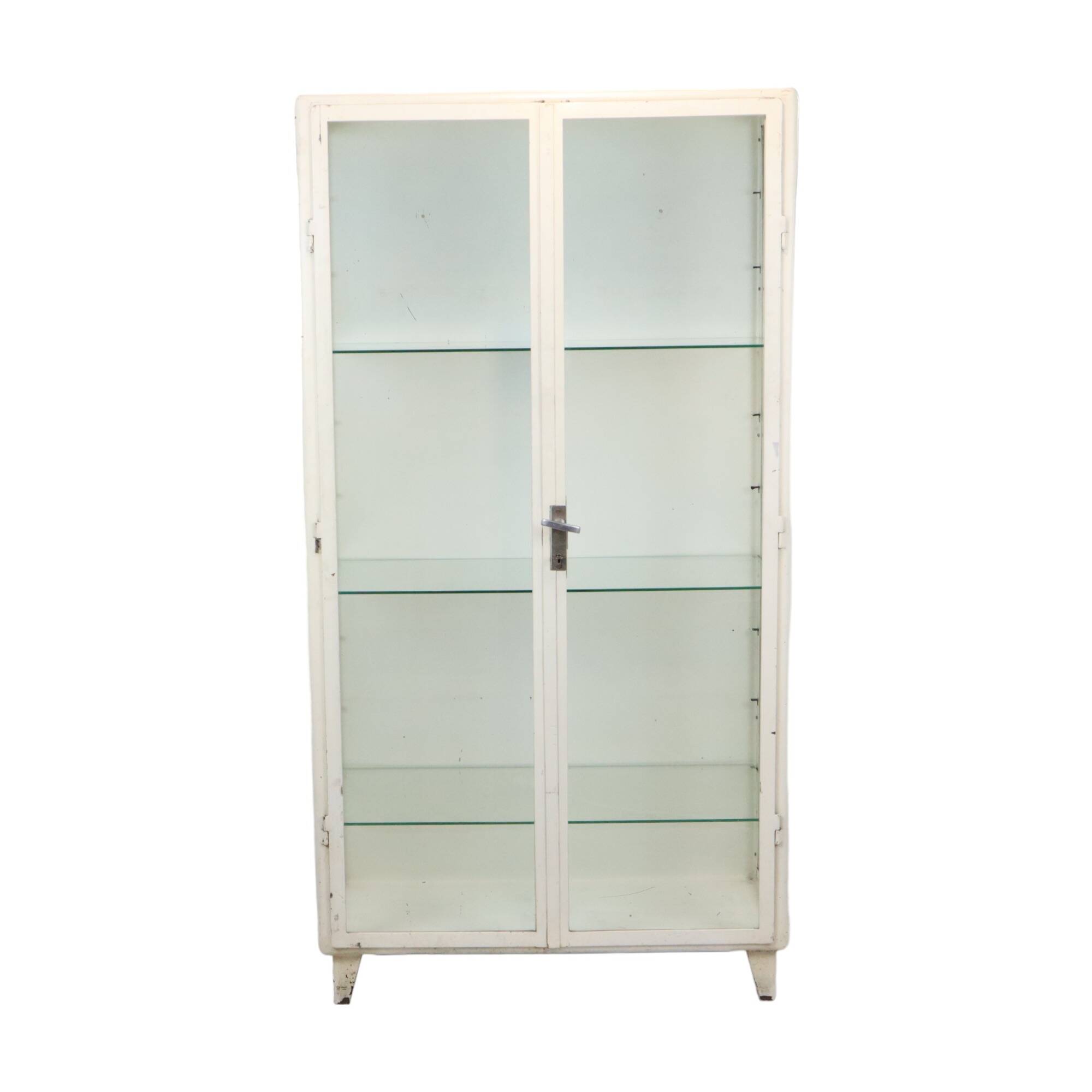 Old metal pharmacy cabinet medicine cupboard glass industrial 1950s