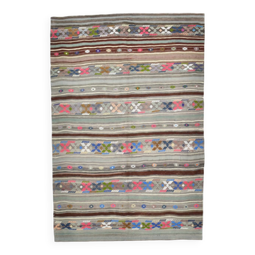 Tapis Kilim vintage moderne gris et marron, milieu du siècle, 147 x 218 cm