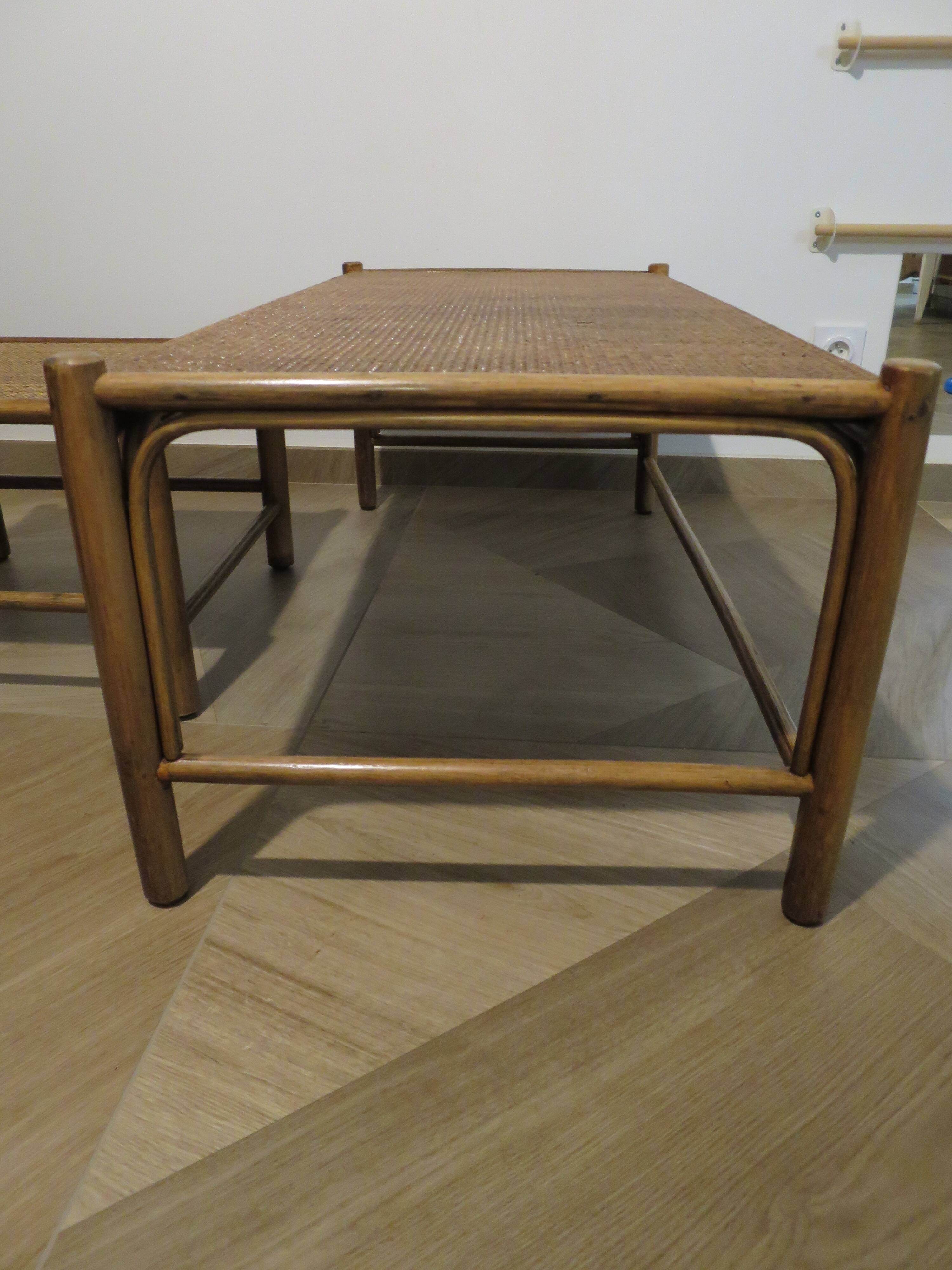 Vintage nesting coffee tables - wood and woven rattan - natural color - 60s