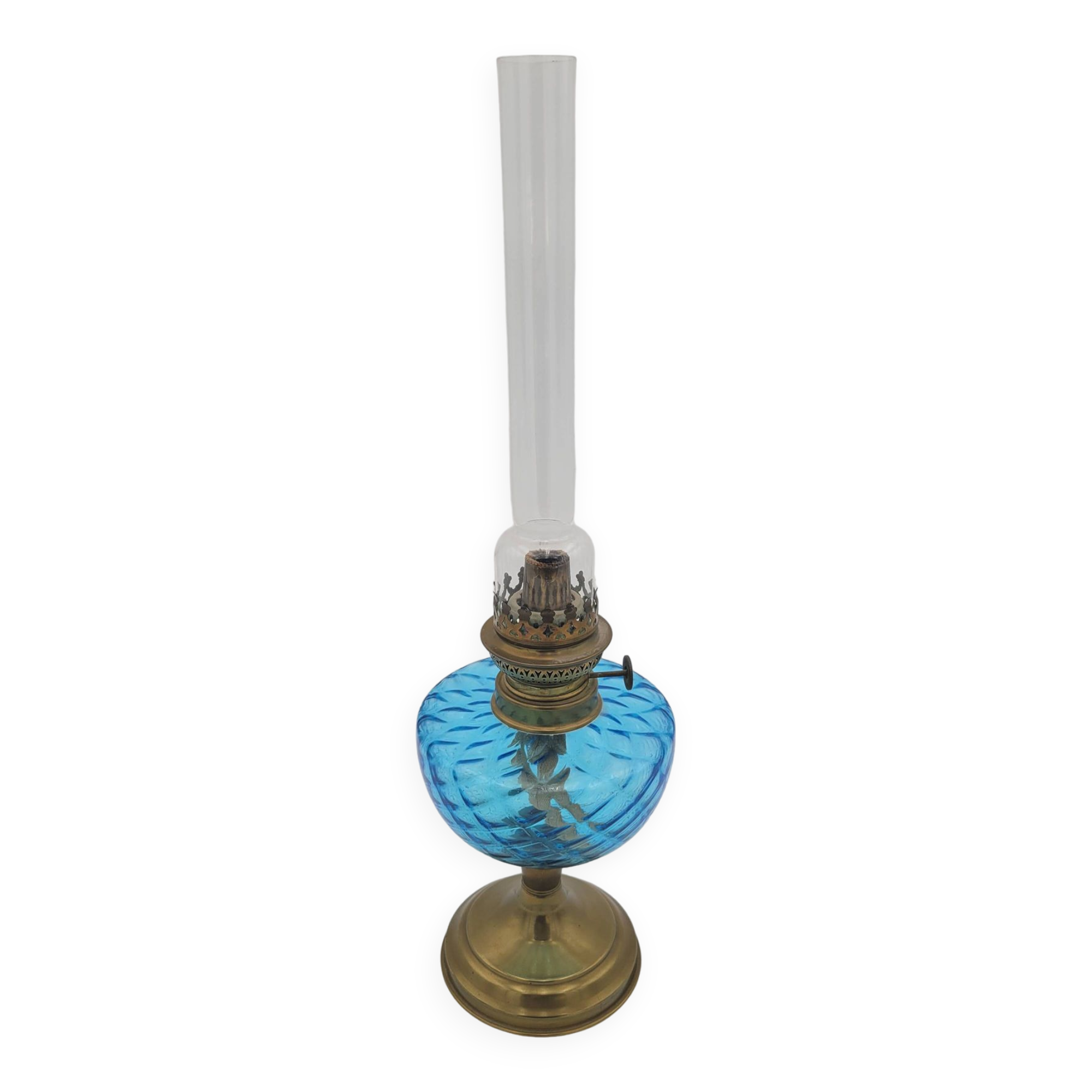 Lampe à huile en verre bleu et laiton