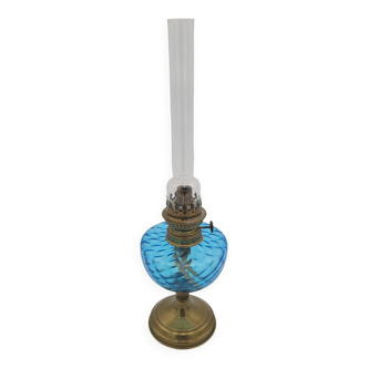 Blue glass and brass oil lamp