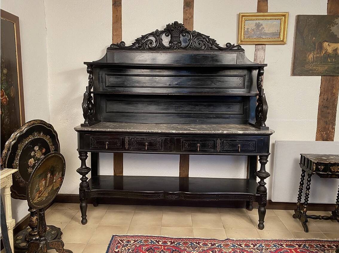 Large Napoleon III sideboard, blackened wood and ebony veneer.