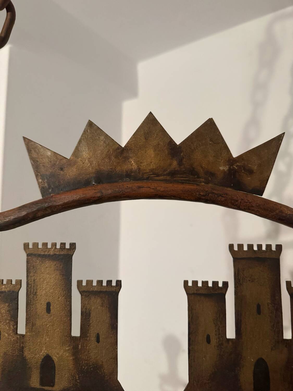 Medieval style heraldic wrought iron chandelier