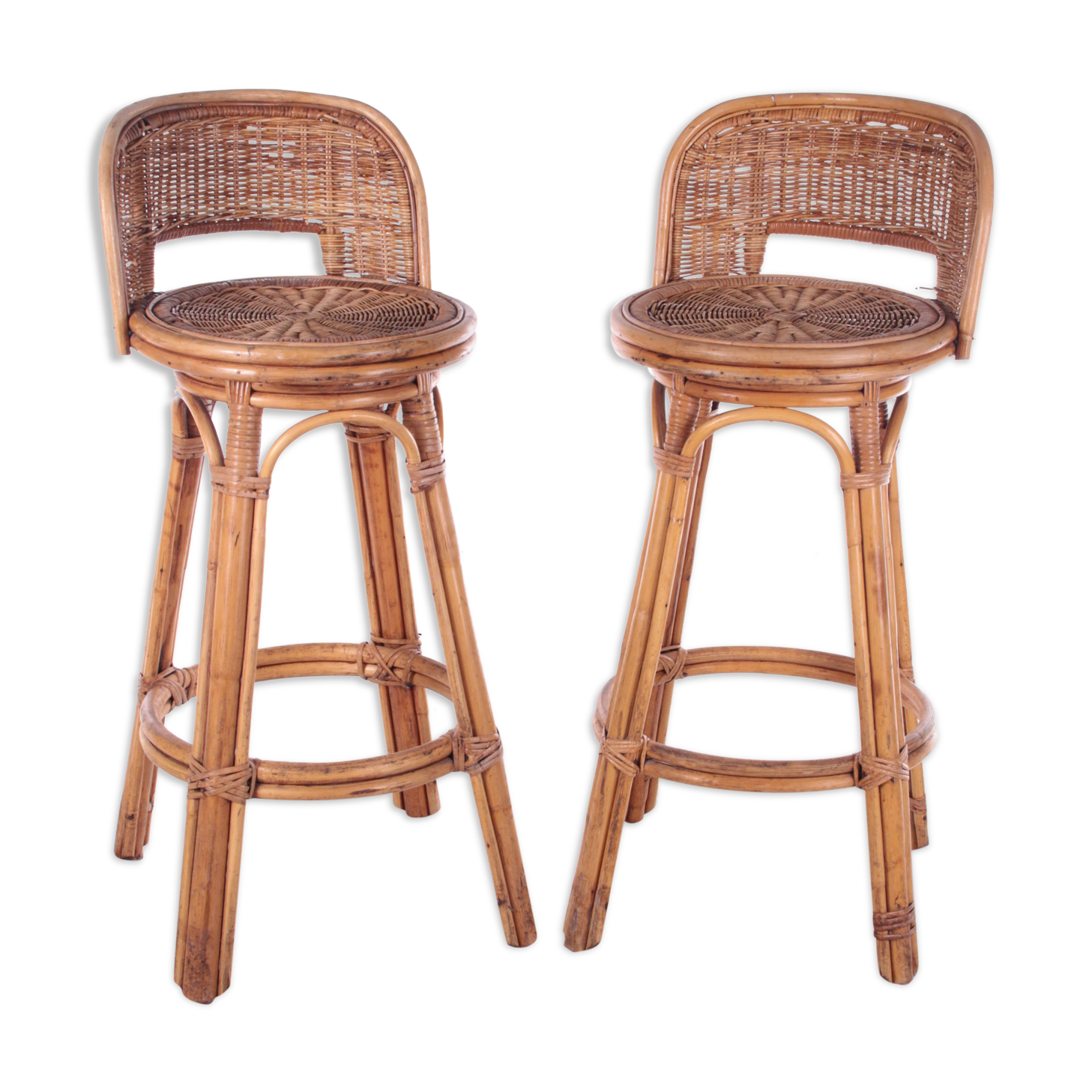 Vintage Rattan Swivel Bar Stool Set, 1950s