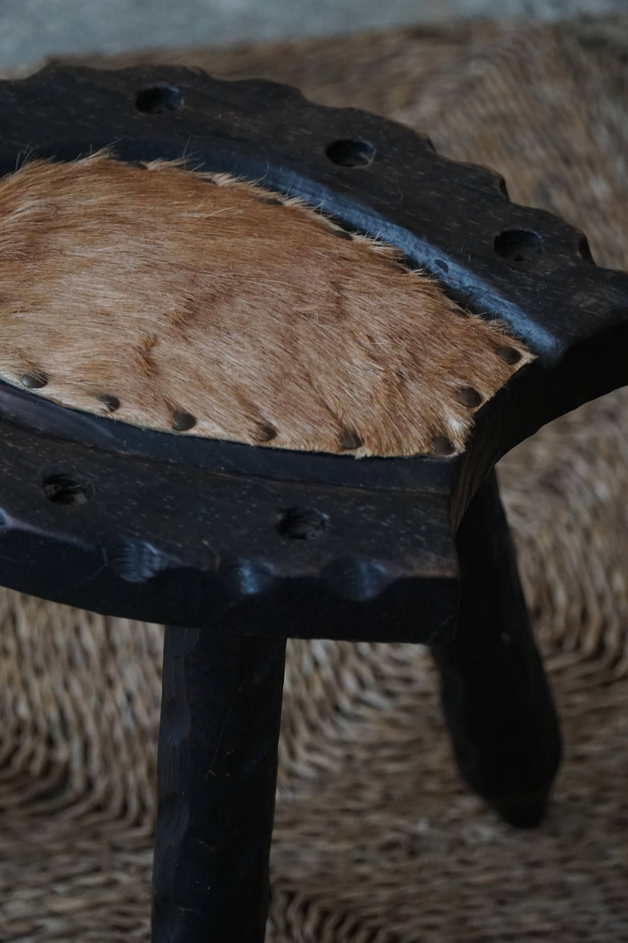 Swedish tripod stool in pine and cowhide, Wabi Sabi, 1950s