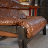 Brutalist sofa in oak and patinated leather, 1960s