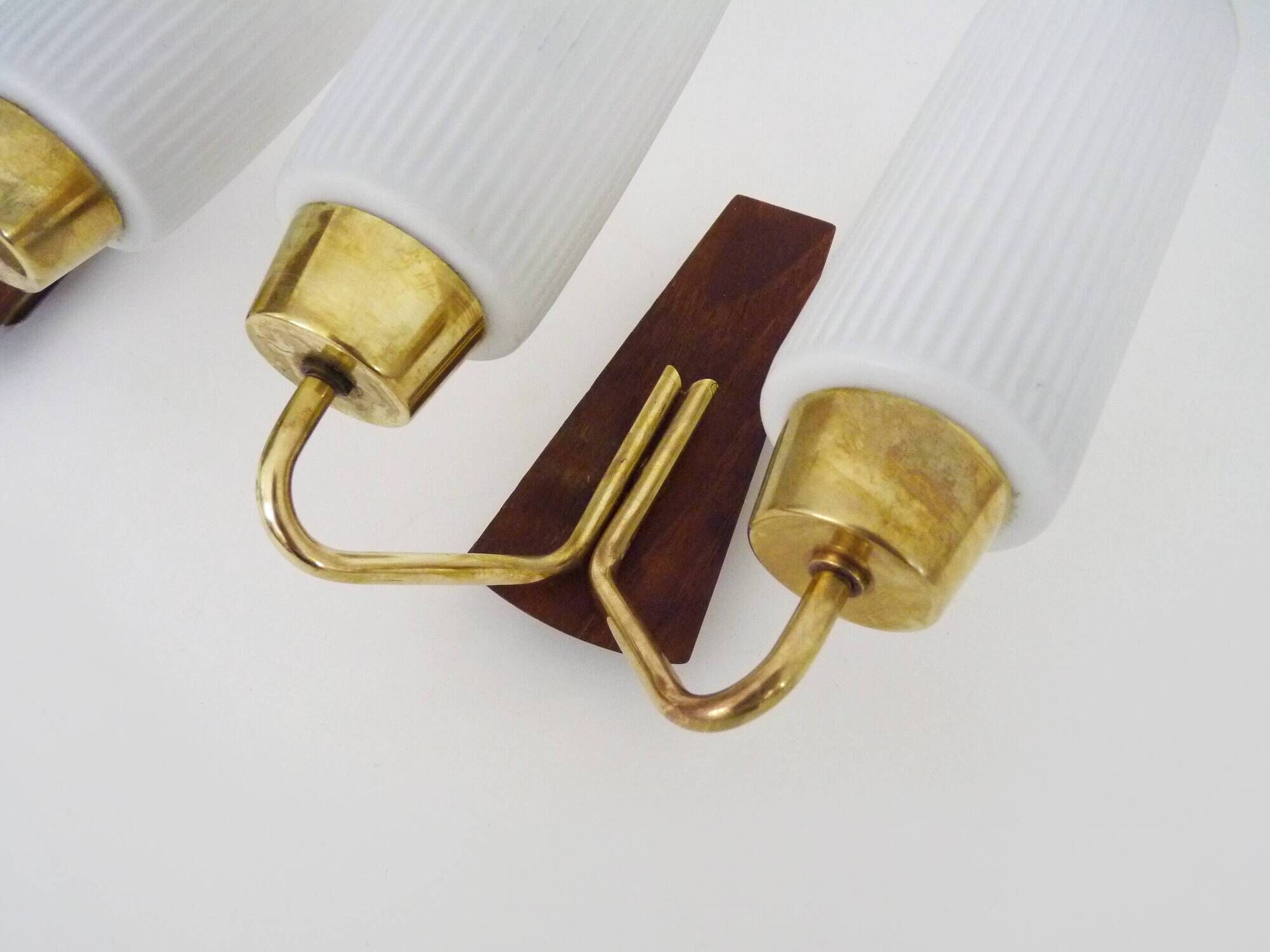 Pair of Scandinavian wall sconces in teak, brass and opaline glass globe