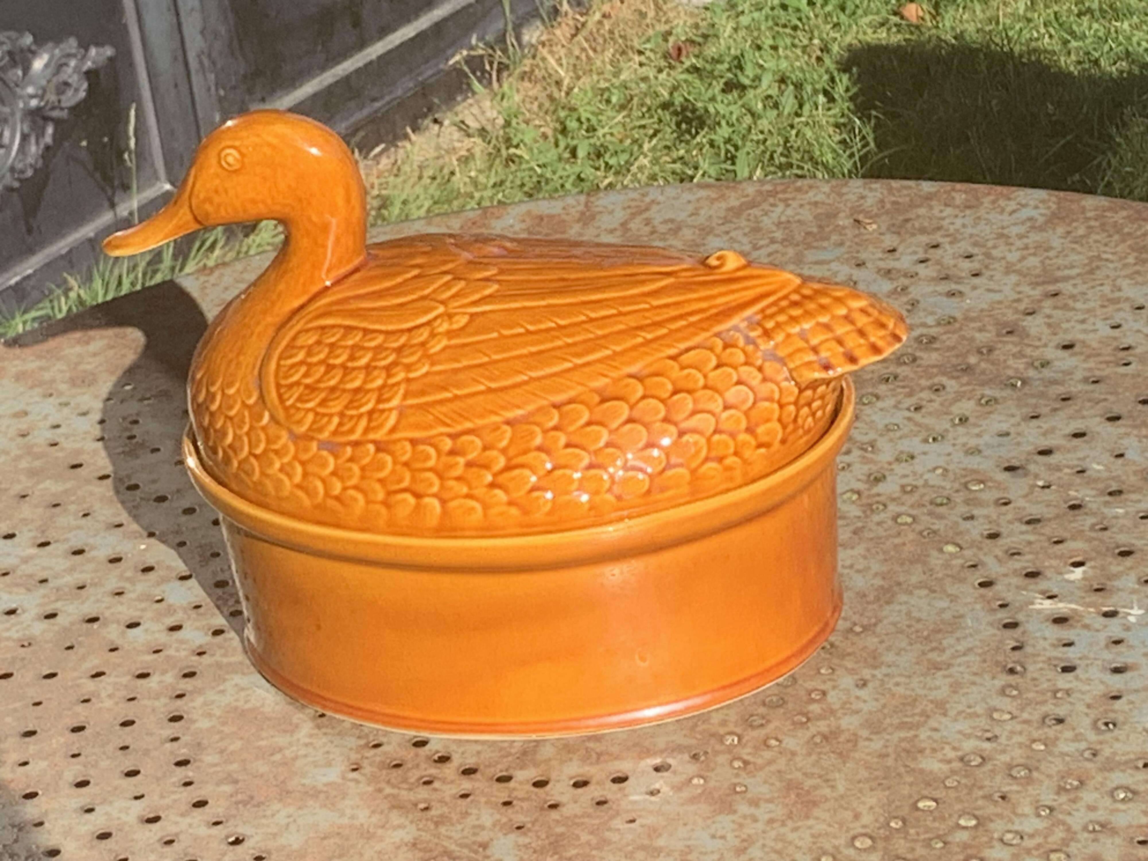 Duck, slip, glazed ceramic terrine, brown, vintage