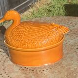 Duck, slip, glazed ceramic terrine, brown, vintage