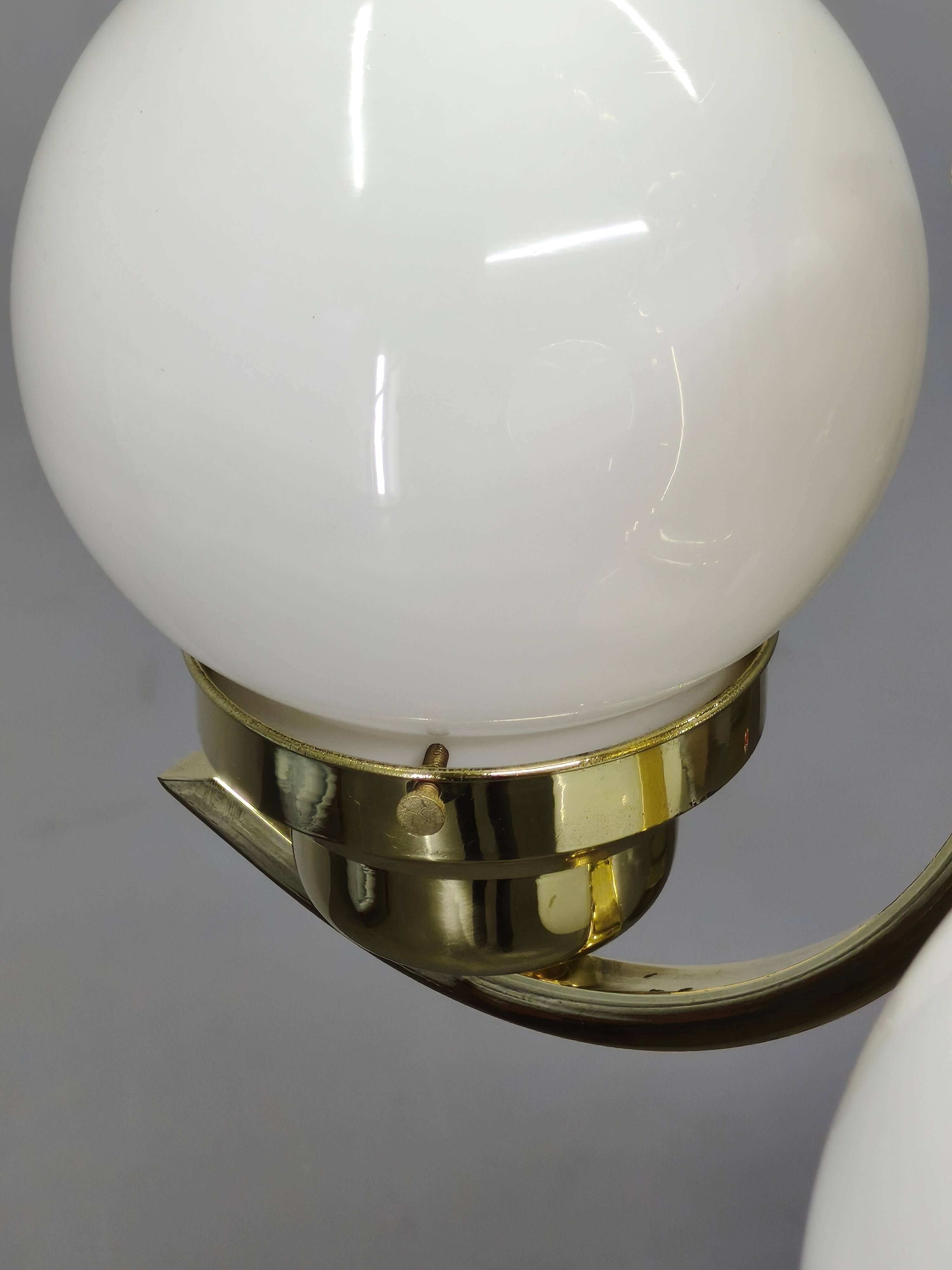 1930s Czech Art Deco Brass Chandelier with Milk Glass Globes