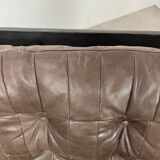 Living room sofa and brutalist armchairs in leather and wood, 70s, chalet style