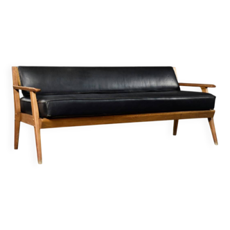 Canapé en chêne et cuir noir, Allemagne 1960