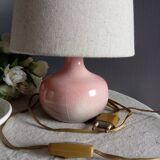 Signed speckled pink ceramic bedside lamp, linen lampshade