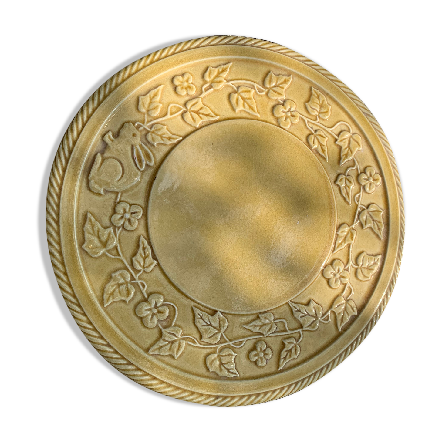 Underside, glazed ceramic, slurry, ivy frieze and rabbit pattern, Vintage