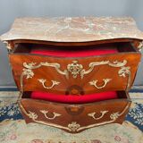 Louis XV style commode. Marquetry, gilded bronze decoration.