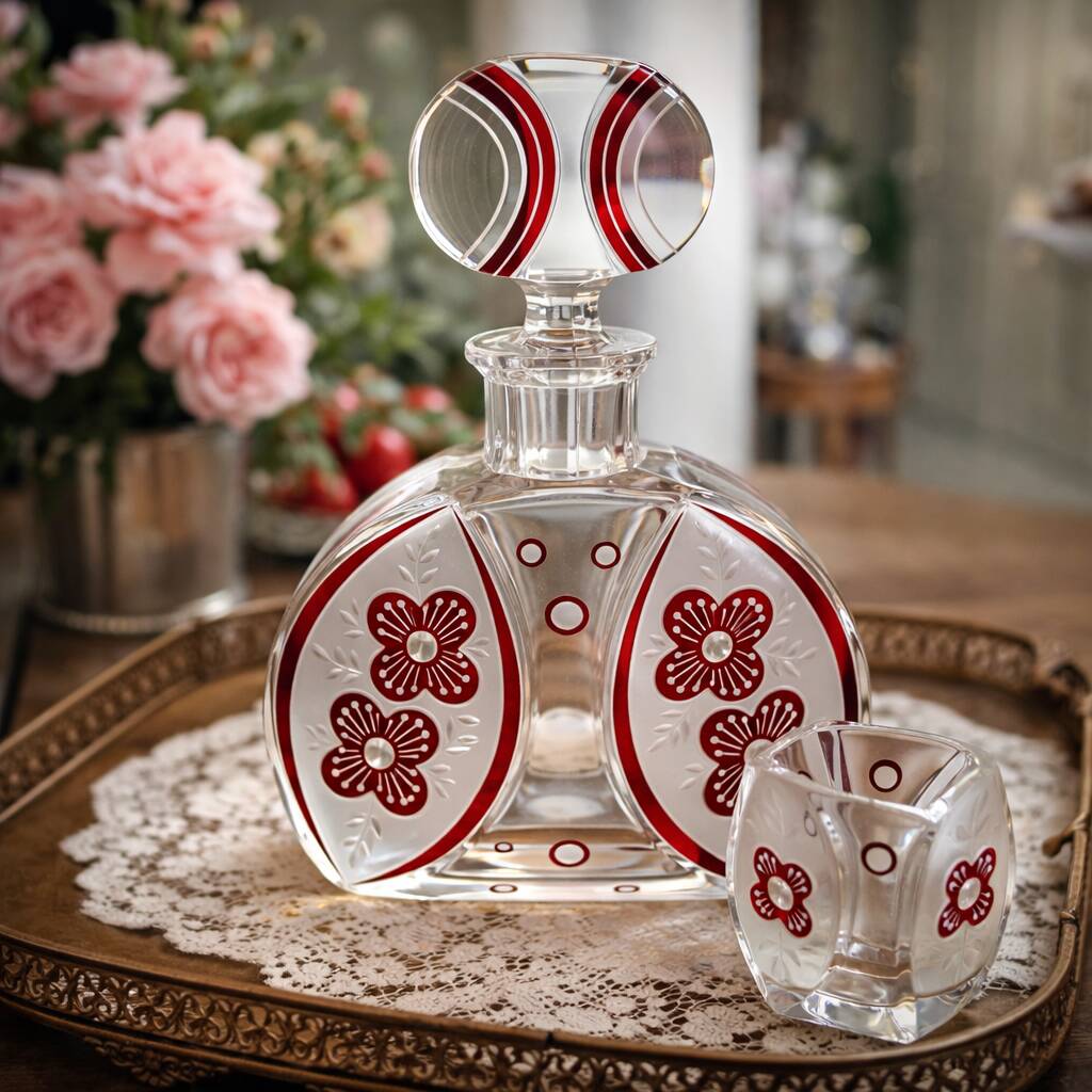 Vintage liqueur service in decorated red glass – decanter and 7 glasses