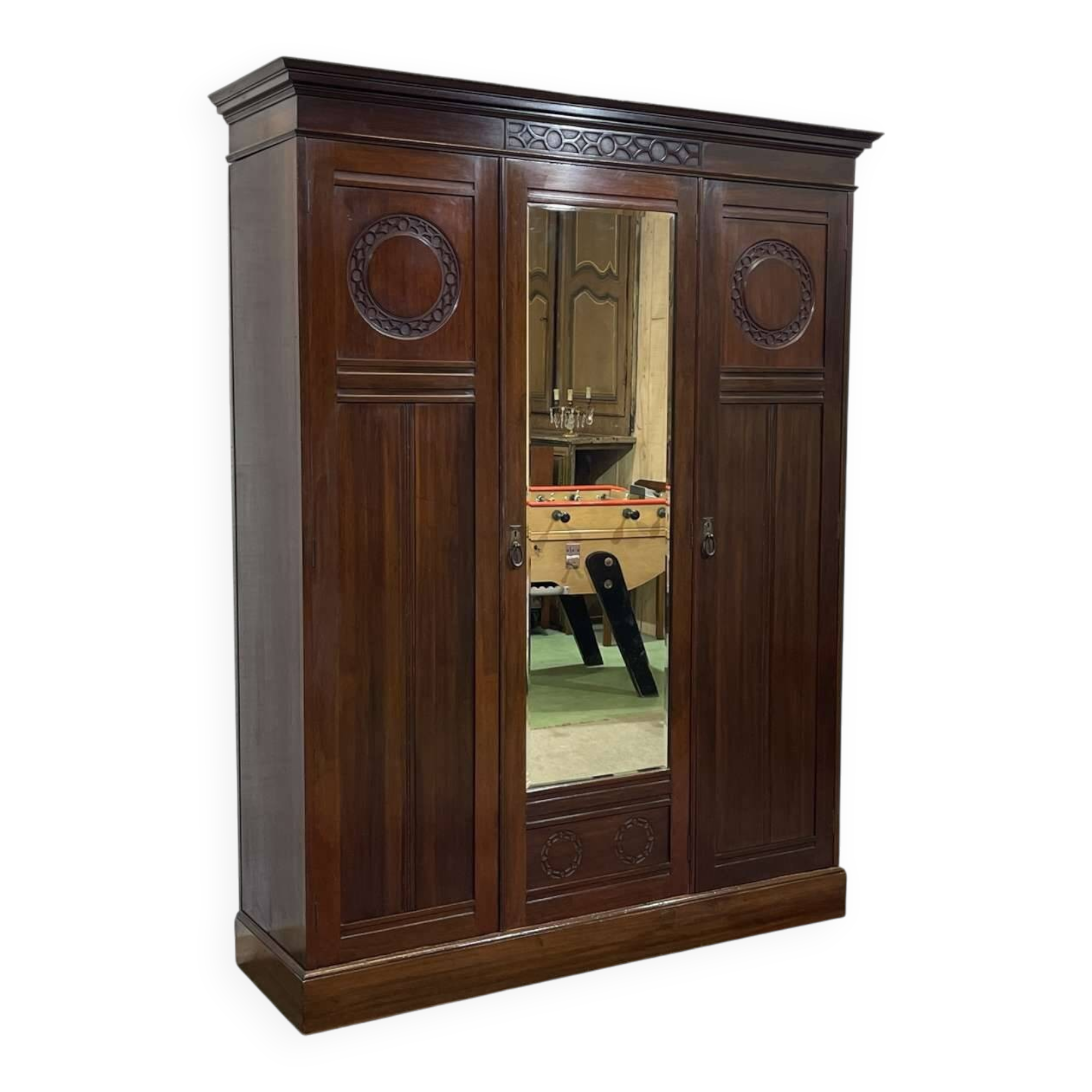 19th-century English mahogany three-door wardrobe.