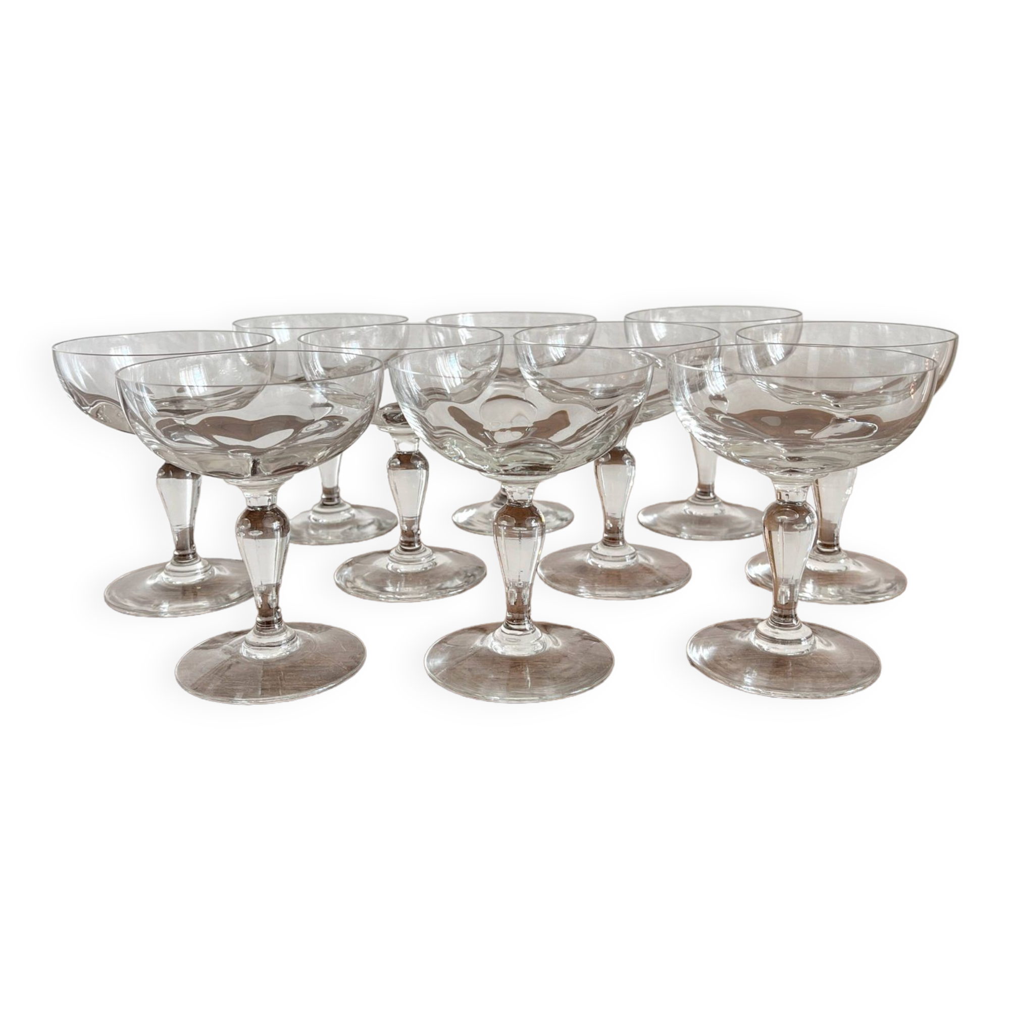 10 antique champagne glasses in blown glass, 19th century