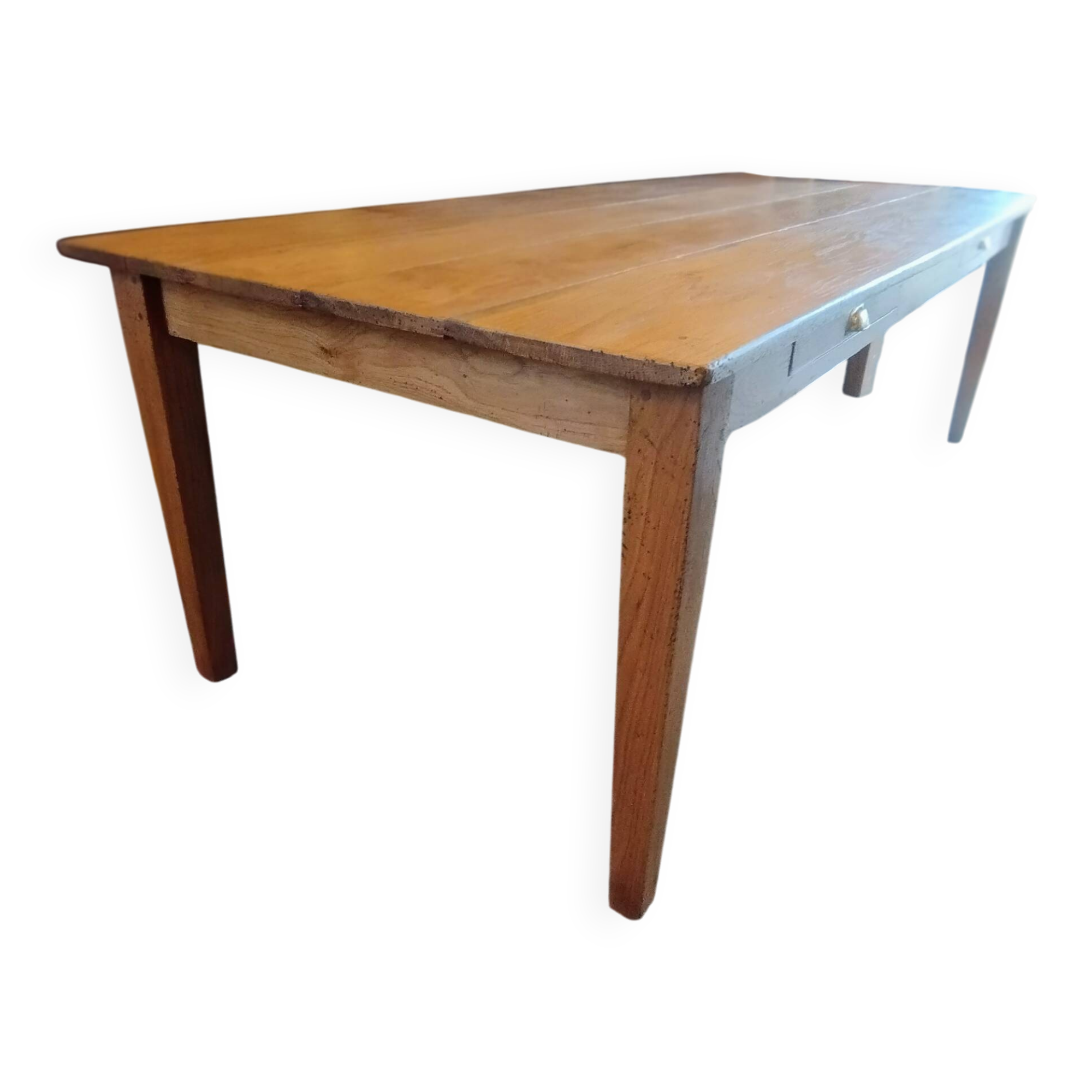Table de ferme en chêne massif Français.240 x100 patiné avec deux tiroirs.