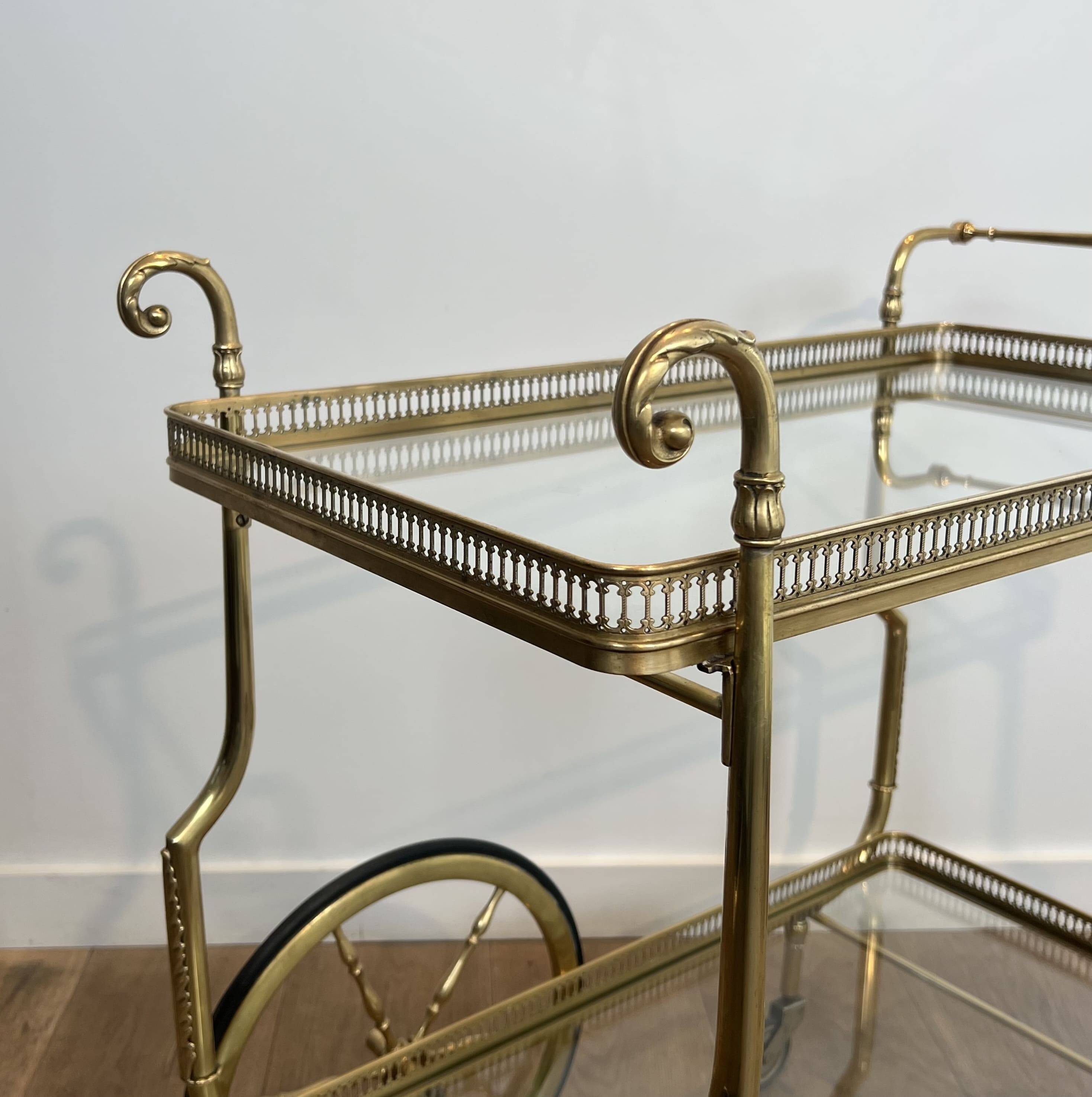 Rolling Table with Large Brass and Glass Wheels, Maison Jansen, Circa 1940
